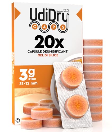 20 Capsule Essiccanti per Apparecchi Acustici UdiDry Caps 3g 31mm Anti Umidità con Gel di Silice di Alta Qualità - Capsule Deumidificanti Assorbi Umidità con Indicatore di Colore per Protesi Acustiche