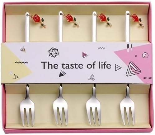 Silverware Flatware Cutlery Set, 4/16/24/32/40/48pcs Creative Valentine's Day Tableware Rose Pendant Fruit Fork Gift Box Set 304 Stainless Steel Spoon,Silver-4Set16Pcs