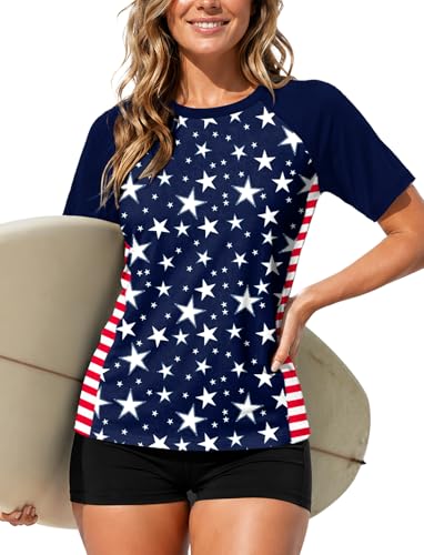 Image of AOBUTE Women Short Sleeve Rash Guard UPF 50+ Tropical Sun Protection Floral Swim Shirts