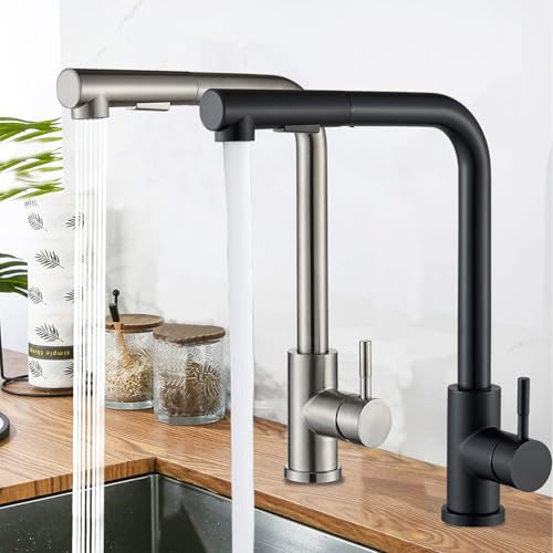 yupeuooe Grifo De Fregadero De Cocina - Grifo Pull-down De Acero Inoxidable Con Un Mando - Llave Para Fregadero De Bar,Para Baño Cocina Residencial Lavandería Restaurante Bar Exterior Camping