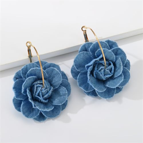 Big Denim Camellia Flower Statement Hoop Earrings for Women Blue Blossom Golden Plated Large Huggie Dangle Drop Earring Fashion Jewelry Gifts Birthday4