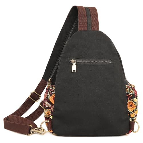 Image of SILKAREA Canvas Sling Backpack for Women Embroidered Travel Chest Bag Multi-purpose Backpack Purse Shoulder Bag (Embroidered Y)