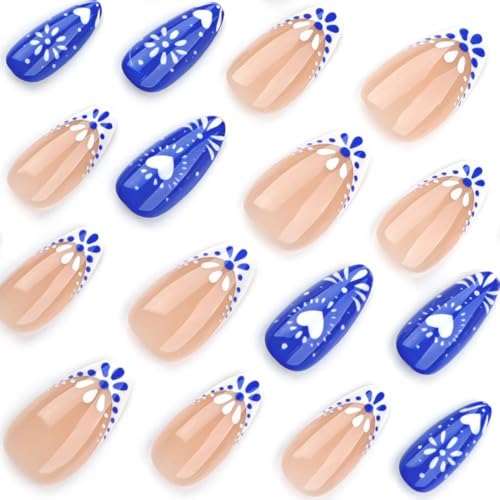 Image of Blue White Totem Press on Nails French Tip Fake Nails Short Almond False Nail with Design Heart Glue on Nails Glossy Artificial Acrylic Full Cover Nude Stick on Nail for Women Manicure 24Pcs