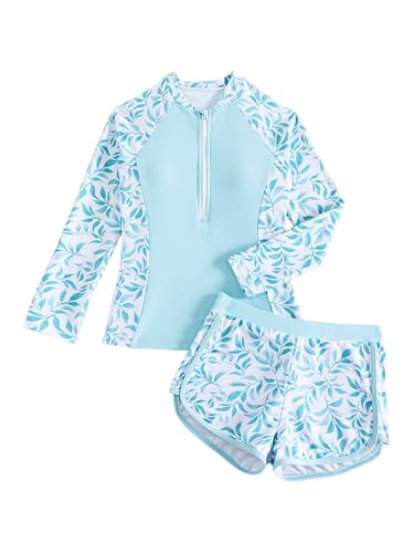 Image of SEGT Girl's Floral Long Sleeve Rash Guard with Bikini Bottom 2 Piece Swimsuit Set