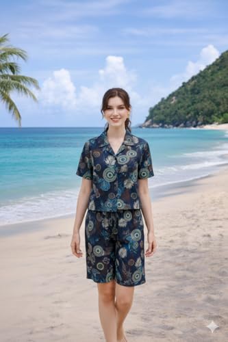 Image of Zilcon Woman Cotton Floral Printed Co-Ord Set - Short Sleeve Shirt with Matching Shorts, Lightweight Breathable Summer Outfit, Beach Vacation Casual Wear