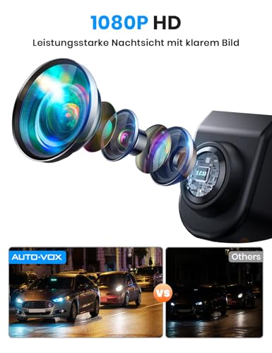 AUTO-VOX Rückfahrkamera:6 Systeme auf Knopfdruck,180° Weitwinkel,Keine Fischaugenoptik,OEM Look für Verdeckten Einbau,1080P HD-Bild,IP69K Wasserdicht Rückfahrkamera für Auto,SUV und Pkw