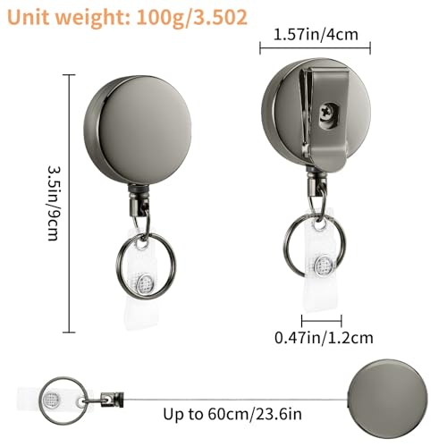 QIUTIMIY 2 PCS Heavy Duty Metal ID Badge Holder,Retractable Badge Clip Key Ring with 60cm Steel Cord,Black - Image 2
