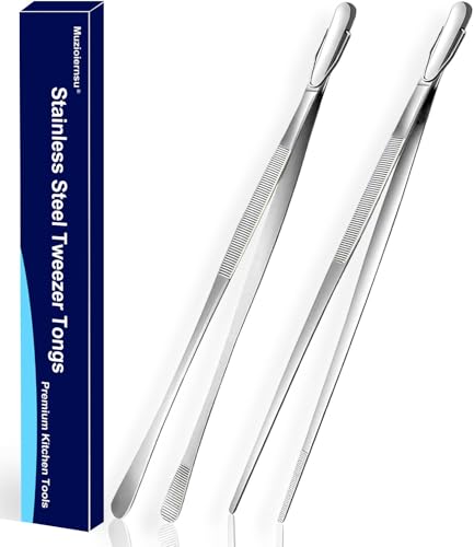 Muzioiernsu Professional Kitchen & Cooking Tweezers Tongs, 2 PCS 12-Inch Extra-Long Tweezer with Round And Straight Tips For Baking, Stainless Steel Barbecue Tweezers, Premium Quality, Anti-Slip
