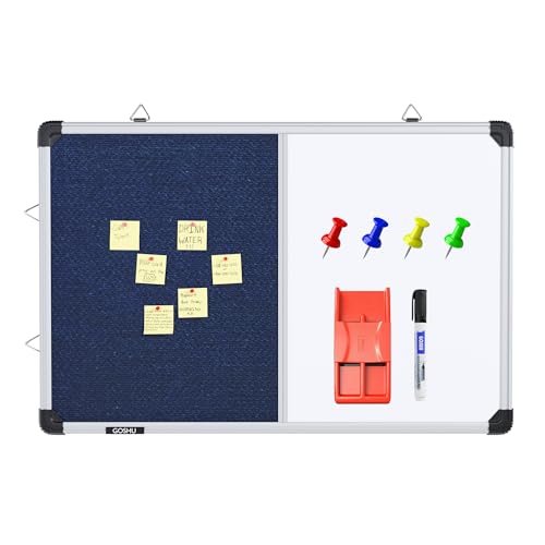 Image of GOSHU Combination 60 cm x41 cm Non Magnetic White Board with Blue Pin-up Notice Board Includes 1 Duster, 1 Marker and 50 Push up pins for Home, Office & School (Blue, 60x41 cm, Pack of 4 Items)