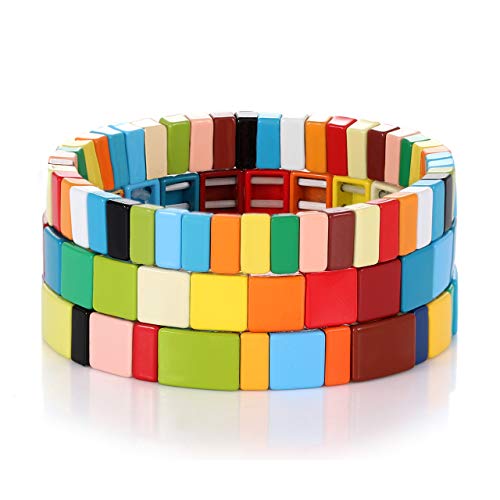 NVENF Tile Bracelets Enamel Rainbow Tile Bead Bracelets Colorblock Stackable Stretch Bracelets Bohemia Tile Strand Bangle Bracelet Set for Women Men