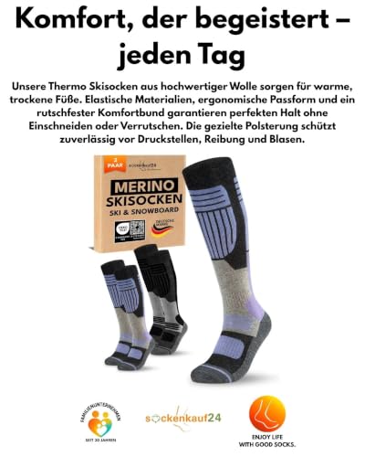 sockenkauf24 Damen Merino Skisocken 35-38 (2 Paar) Thermo Winter Kniestrümpfe mit Polsterung für Ski und Snowboard (Schwarz/Lila)