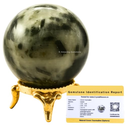 Image of Certified Green Tourmaline in Quartz Crystal Ball for Meditation - Premium Crystal Vastu Items for Home and Feng Shui Items for Good Luck - Ideal for Pooja Supplies and Spiritual Practices (2 inch Inch)