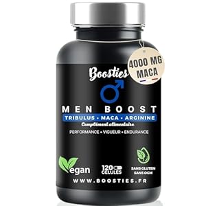 Maca noire, 4000 mg extra-fort, Tribulus terrestris, Arginine, Citrulline, Zinc, vitamin B12, Cuivre, Sélénium, Performance, Endurance, Vigueur, 120 gélules, Boosties