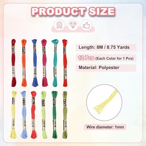 Image of PATIKIL 12 Skeins Embroidery Floss Polyester Embroidery Threads Bracelets String for Cross-Stitch Hand Embroidery, Neon Colors