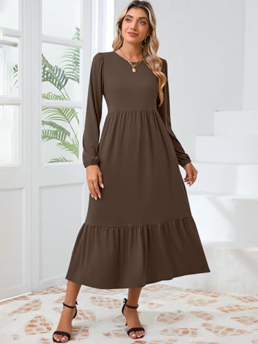 Women's Casual Long Sleeve Midi Dress 2024 Fall Crewneck A Line Tiered Flowy Loose Trendy Dresses with Pockets2