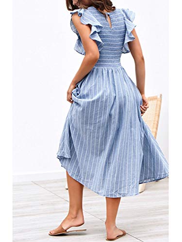 Miessial Womens Casual Summer Midi Dress Short Sleeve Smocked Linen Dresses 2025 Boho Beach Wedding Guest Dress with Pockets3