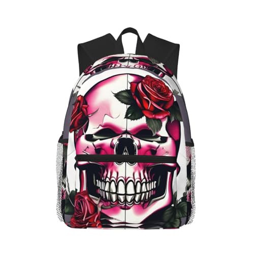 Sac à dos collège à motif de crâne rose avec poches multiples