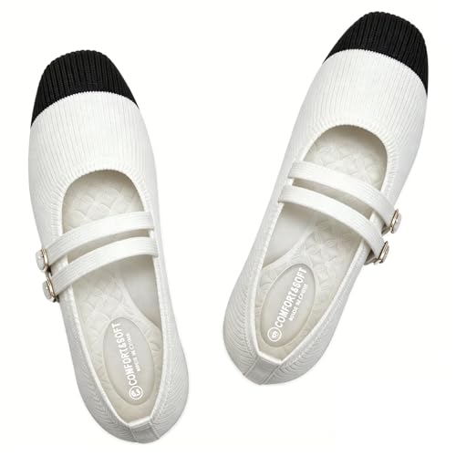 Image of Frank Mully Women's Flats Square Toe Mary Jane Shoes Ballet Flats with Strap Comfortable Slip On Knit Shoes Dressy Casual