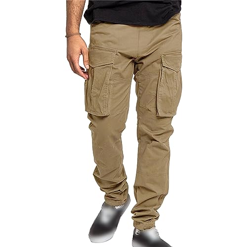 Men's Relaxed Fit Workout Cargo Pants Casual Outdoor Hiking Pant Multi Pockets Straight-Fit Jogger Streetwear Trousers (Khaki,Medium)
