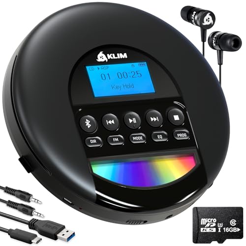KLIM Nomad CD Player Bluetooth - Tragbarer CD-Player mit langlebigem Akku - Inklusive Kopfhörer - 16GB TF Card - CDR, CDRW, MP3 - Mit TF-Reader, Radio FM - Ideal für Autos - Portable Diskman - Schwarz