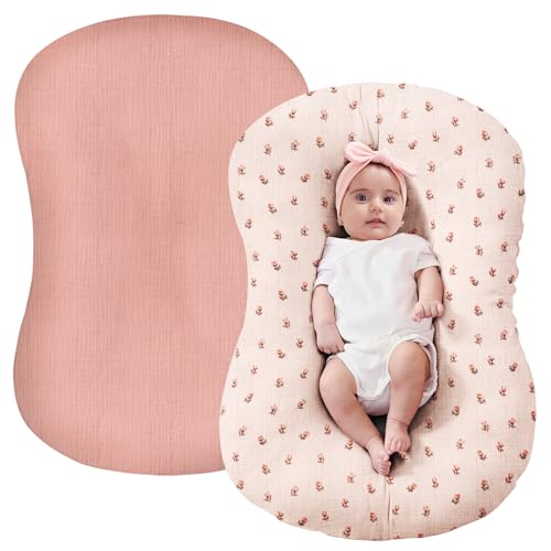 Image of FUNUPUP Muslin Baby Lounger Cover Only, Pink & Pink Flower | 100% Muslin Cotton Soft Breathable Easy On /Off Envelope Closure Machine Washable Easy-Clean Protector Neutral Colors