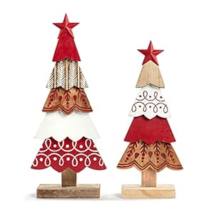 Demdaco primitive tree red and white 165 inch layered fir wood christmas decor figurine set of 2  urban country home decor