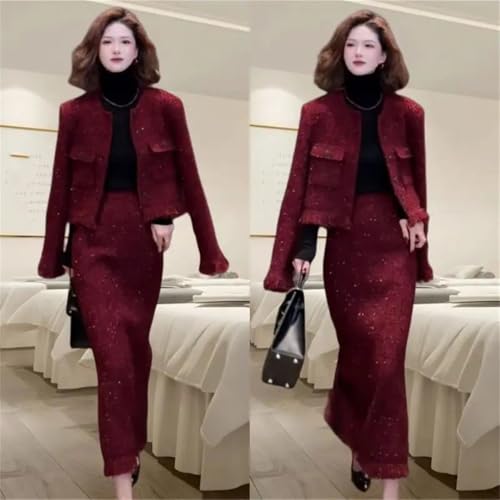 Women's Woolen Sequin Short Tassel Patchwork Midi Skirt 2-Piece Elegant Party Outfits Suit2