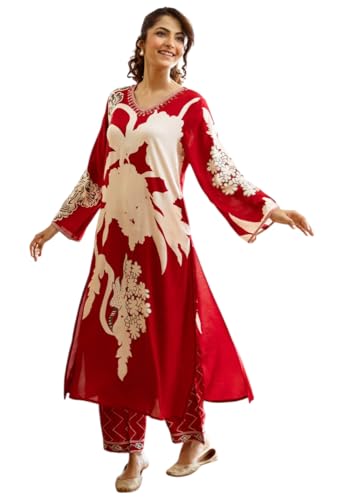 Kurta avec pantalon chic en rayonne rouge pour vos sorties et soirées d'été