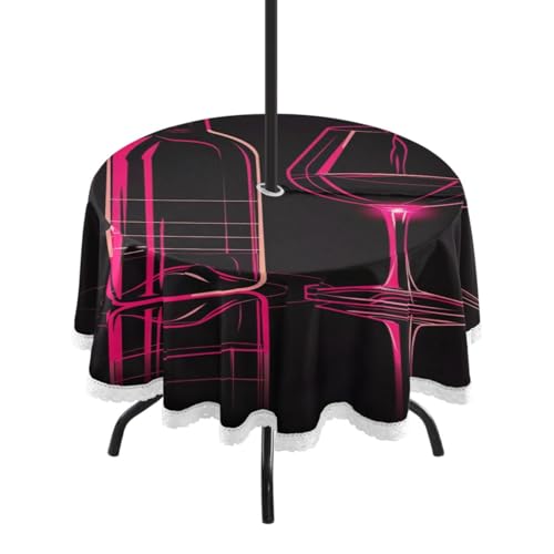 Qilmy Outdoor Round Table Cloth,Minimalist Style Red Wine Bottle Heat Resistant Table Cover with Umbrella Hole and Zipper for Outdoor Camping Picnic Party BBQ 60 Inch746