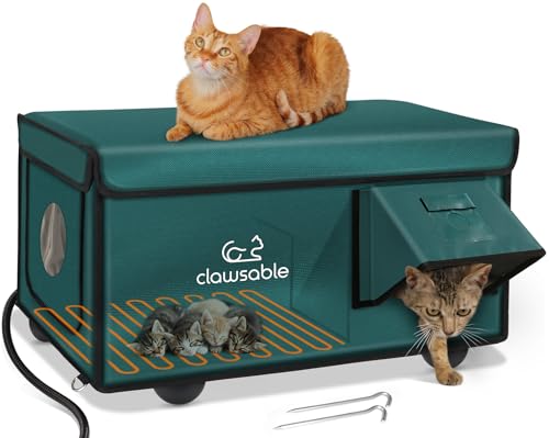 Indestructible Heated Cat House for Outside Cats Winter, 100% Weatherproof, Safe Escape Door, Insulated Outdoor Cat Shelter with Heater for Feral Barn Cat Kitty (Forest Green, 26"x16"x14")