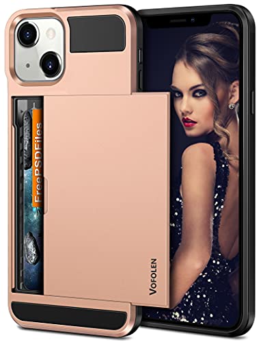 Vofolen for iPhone 13 Case Wallet Credit Card Holder ID Slot Sliding Door Hidden Pocket Men Women Anti-Scratch Dual Layer Hybrid Bumper Armor Protective Hard Shell Back Cover for iPhone 13 Rose Gold