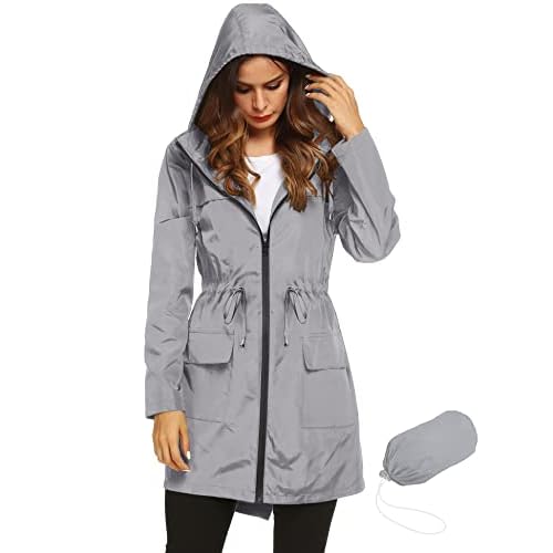 Lomon Women Waterproof Lightweight Rain Jacket Active Outdoor Hooded Raincoat Medium Grey(waist Drawstring)