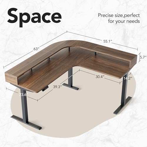 Image of HUANUO Electric L Shaped Stadning Desk with LED Strip & Power Outrlets, 63 inch x 55 inch 2-Tier Height Adjustable Sit Stand up Desk with Power Strip Holder, Ergonomic Corner Computer Table, Walnut