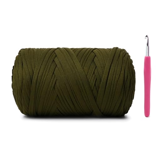 Image of Soft Tshirt Crochet Yarn, 400g /114yds High Elastic Hand Knitting Yarns, Thick T Shirt Yarn for Crocheting Bags, Baskets, Cushions, DIY Crafts(Olive Green)