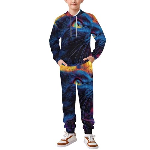 Boys Girls Pullover Hoodie and Pants Outfit 2PCS Set Sweatshirt for Kids, Cat Moonlight Hippie Neon