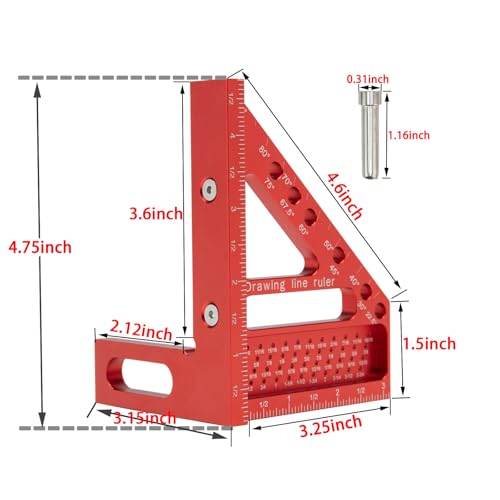 Beslands 3D Multi Angle Measuring Ruler, 22.5-90 Degree High Precision Carpenter Square Woodworking Triangle Ruler Protractor Scriber 3D Square Tool with Angle Position Pin(Red)