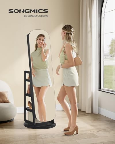 Image of SONGMICS LED Jewelry Cabinet, 360 Swivel Jewelry Organizer, Lockable Mirror Jewelry Cabinet Standing, Rounded Wide Full-Length Mirror with Storage Shelves, Interior Mirror, Ebony Black UJJC036B01