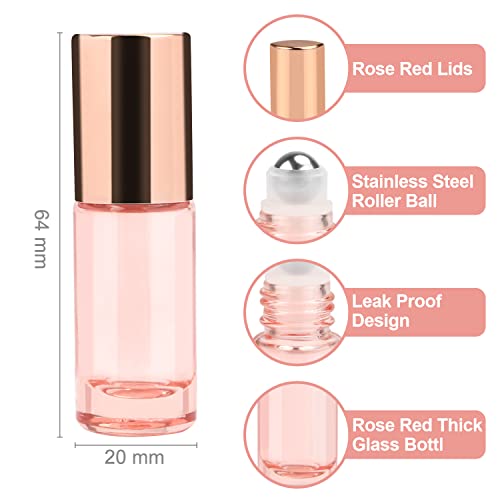 Wresty 1/6 Oz Pink Glass Roller Bottles, 6 Pack 5ml Roll On Bottles With Rose Gold Lids For Essential Oils, Perfume, Cosmetic Liquid2