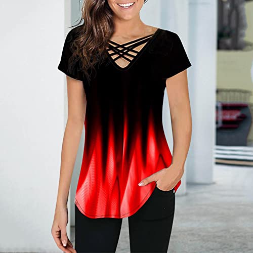 Womens Tops 2023 Summer V Neck Gradient Color Print Flowy Tunic For Leggings Pleated Henley Shirts Dressy Blouses Tees Red #TOP1