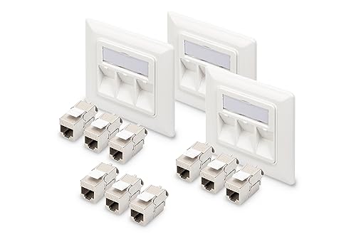 DIGITUS Set: 3-Port Netzwerkdose – 3 Stück – Mit 9x Cat6A Keystone-Modul – Auslass 45° Gewinkelt – Mit Staubschutz-Kappe – Weiß