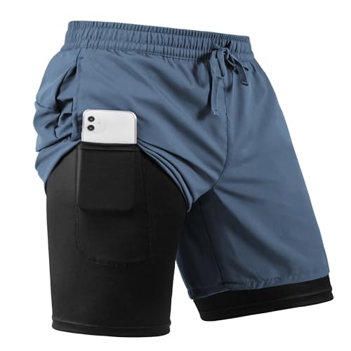 Men's 2 in 1 Athletic Quick Dry Shorts,Running Lightweight,Sweat Wicking Gym Workout Elastic Short2