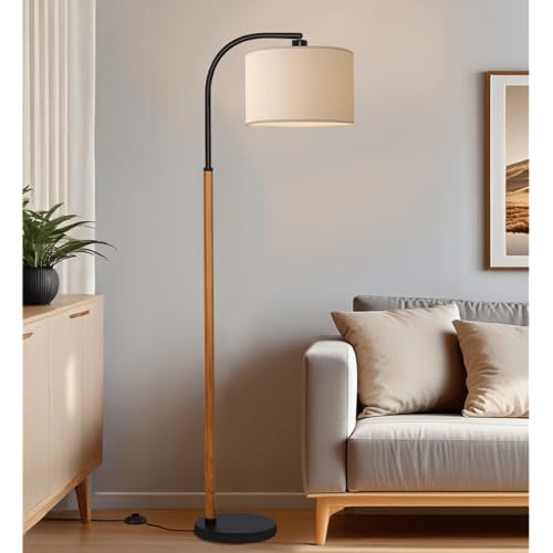 FINNCHY 66” Brown Black Arc Floor Lamps for Living Room, 1200 Lumens 3-Level Brightness Wood Floor Lamp for Bedroom, Vintage Mid Century Black Standing Lamp, Adjustable Lampshade, LED Bulb Included