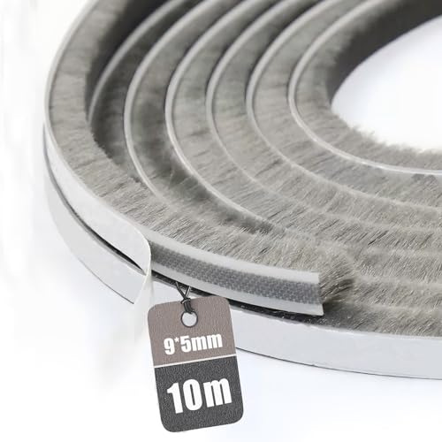 Vingspina Junta de Cepillo Autoadhesiva 10M(L) x 9mm(W) x 5mm(D), Burlete Cepillo para Puerta Corredera Ventana y Persiana, Burlete para Aislamiento Viento Frío, Ruido y Polvo, Gris