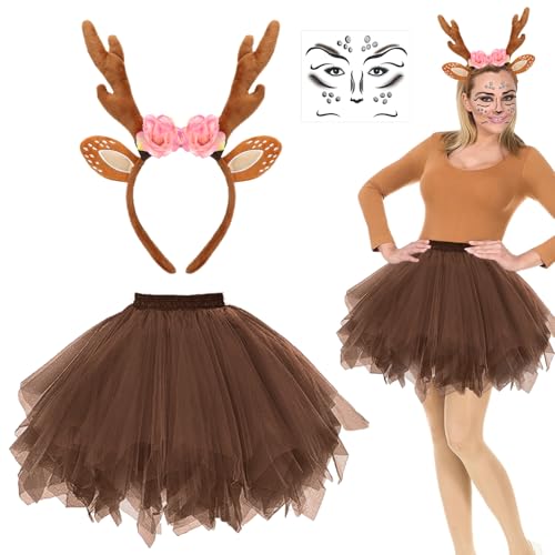 MorLuks Reh Kostüm Damen, Reh Haarreif + Reh Tattoo Gesicht + Tüllrock Braun Reh, Rentier Kostüm, Tier Kostüm Accessoires für Karneval Fasching Halloween Cosplay Party