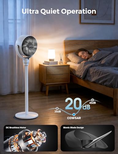COWSAR Standing Fan for Bedroom, 20dB Quiet Pedestal Fan, 150°+120°Auto Oscillation Floor Fan with Remote, 6 Speeds 3 Modes, 7H Timer, DC Motor, 2 Heights, Whole Room Air Circulator Fan, White — view 4