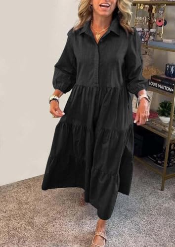 Image of chouyatou Women's Loose Fit Puff Sleeve Maxi Tiered Babydoll Dress V-Neck Cotton Long Button Down Dress