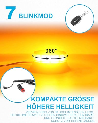 Agrieyes Rundumleuchte Akku mit Fernbedienung, 12V Gelbe Warnleuchte Auto Magnet mit Saugnapf, LED Batterie Warnlicht fürs traktor, Schnurlos Rundumleuchte fürs Traktor KFZ LKW