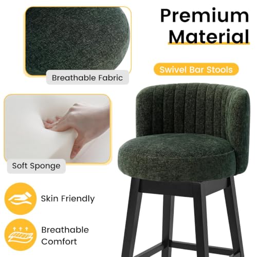 Image of COCO DESIGN 30 inch Green Swivel Bar Height Stools Set of 4 with Wood Legs | Mid Century Modern Style, Smooth Swivel Design, Chenille Upholstered Seat, Sturdy Solid Wood Legs, Bar Height For Island
