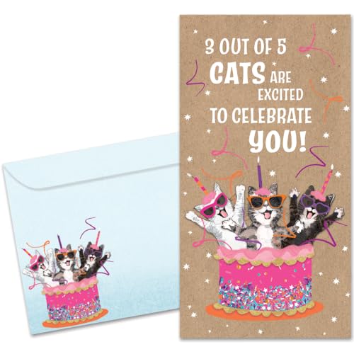 Tree-Free Greetings - Birthday Money Holder Card - Artful Designs - 1 Money Holder Greeting Card + Matching Envelope - Made in USA - 100% Recycled Paper - 3.7 x 7 - Excited Cats (ZO70330)