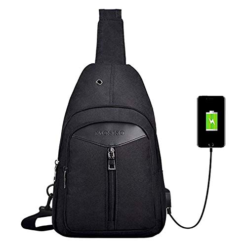 MOSISO Rope Sling Bag Hiking Daypack Unbalance Backpack with USB Charging Port, Black